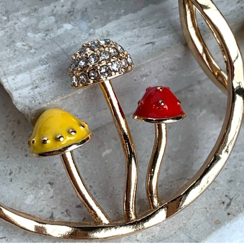 Anthropologie Gold Hoop Mushroom Earrings with Yellow & Red Enamel, NWOT - Picture 2 of 7